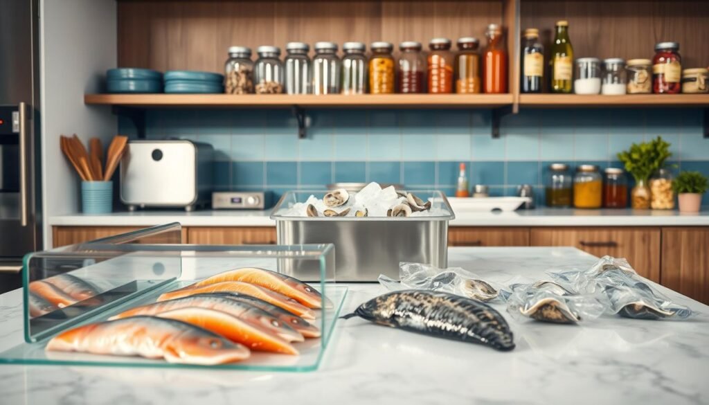 A pristine, well-lit kitchen countertop showcases an array of seafood preservation techniques. In the foreground, a sleek glass display houses fresh fish fillets, their vibrant colors and firm textures testament to proper handling. In the middle ground, a stainless steel ice bin keeps shucked oysters and clams chilled, while a high-tech vacuum sealer neatly packages pre-portioned servings. In the background, shelves hold glass jars filled with brines, marinades, and garnishes, all meticulously labeled. The scene conveys a sense of culinary professionalism and food safety, with muted blue accents and warm wooden tones creating a calming, inviting atmosphere.