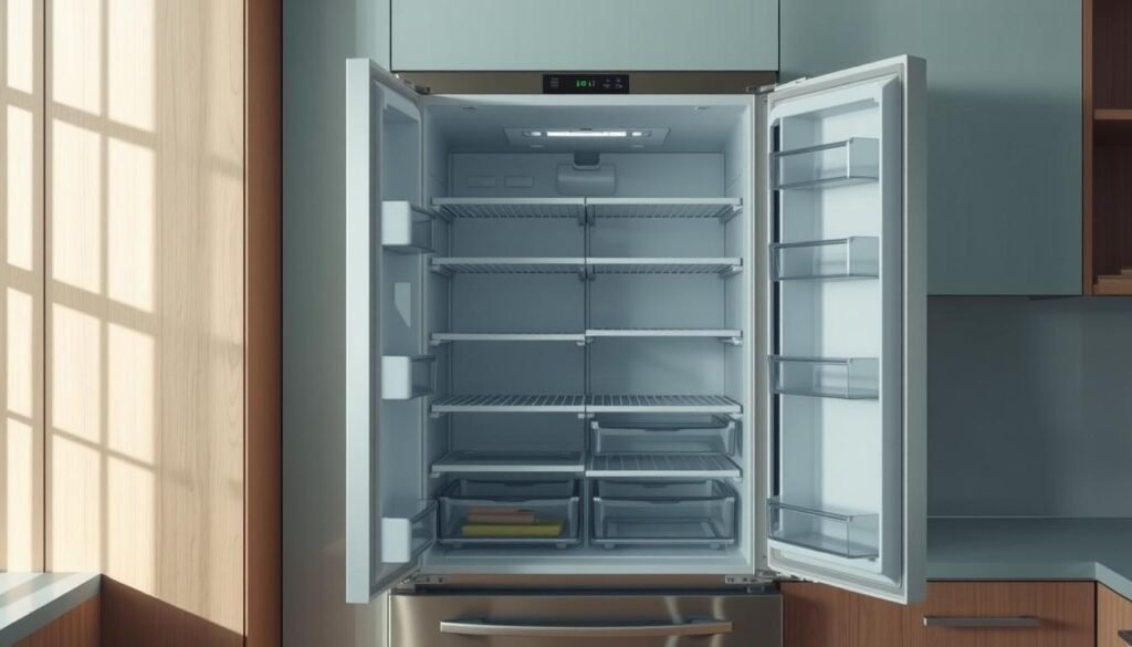 A pristine, well-lit kitchen interior with a sleek, stainless steel refrigerator at the center. The door is open, revealing a neatly organized interior, with every shelf and compartment meticulously cleaned and decluttered. Soft, directional lighting illuminates the scene, casting subtle shadows and highlights that accentuate the refrigerator's clean lines and the surrounding wooden textures. Light blue accents, such as cabinet handles or a backsplash, provide a soothing contrast to the metallic finish. The overall atmosphere is one of calm efficiency, inviting the viewer to imagine the process of thoughtfully preparing and storing meals in this well-maintained, functional space.