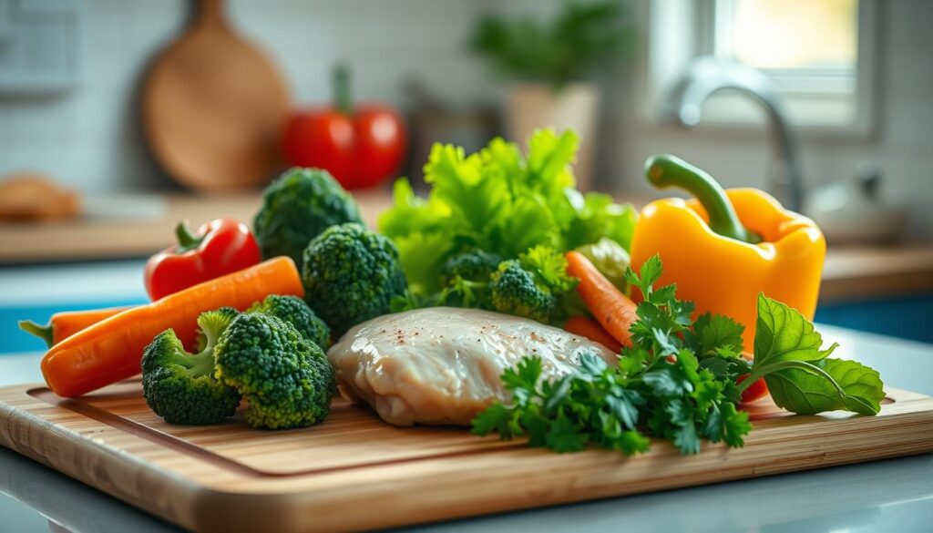 A protein-rich chicken breast and a colorful array of fiber-packed vegetables like broccoli, carrots, and bell peppers sit neatly arranged on a wooden cutting board in a cozy, minimalist kitchen. Soft, natural lighting filters through the window, casting a warm glow over the scene. The countertop has subtle blue accents, complementing the earthy tones. The overall atmosphere is one of simplicity, healthfulness, and thoughtful meal preparation.