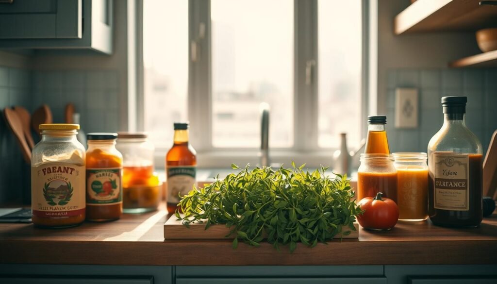 A quaint kitchen counter, awash in warm natural light, showcases an array of gourmet condiments and sauces. Glass jars and bottles in earthy hues sit atop a rustic wooden surface, their labels hinting at exotic flavor combinations. The middle ground features neatly arranged sprigs of fresh herbs, their verdant tones complementing the muted blue-gray tones of the kitchen cabinets. In the background, a blurred cityscape can be seen through a window, adding a touch of urban sophistication. The overall atmosphere is one of culinary creativity and experimentation, inviting the viewer to imagine the endless possibilities of mixing and matching these flavorful elements.