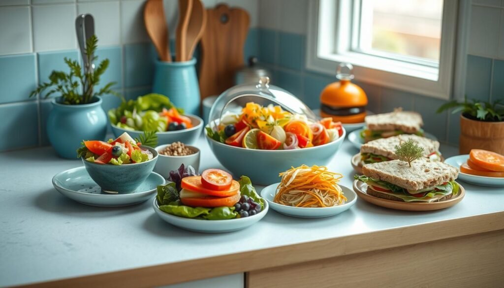 A quaint kitchen counter showcases an artfully arranged spread of vibrant, visually appealing cold lunches. Fresh salads, creatively cut vegetables, and beautifully plated sandwiches take center stage, bathed in soft, natural lighting that accentuates their colors and textures. Minimal blue accents and a touch of natural wood tones create a cozy, inviting atmosphere, hinting at the care and attention gone into these social media-worthy lunch creations. The composition is balanced, drawing the eye to the visually striking, appetite-whetting dishes, inspiring culinary creativity and a desire to recreate these aesthetic, nutritious cold lunch ideas.