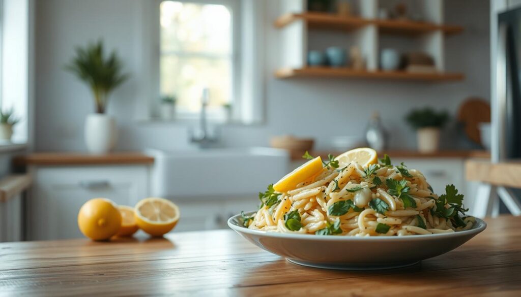A refreshing lemon orzo pasta salad sits atop a wooden table in a cozy, minimalist kitchen. The salad features vibrant lemon slices, vibrant green herbs, and tender orzo pasta tossed in a light, tangy dressing. Soft natural light filters in through a nearby window, casting a warm glow over the scene. The clean, airy space is accented with light blue touches, creating a serene and inviting atmosphere perfect for a healthy, eco-friendly lunch.