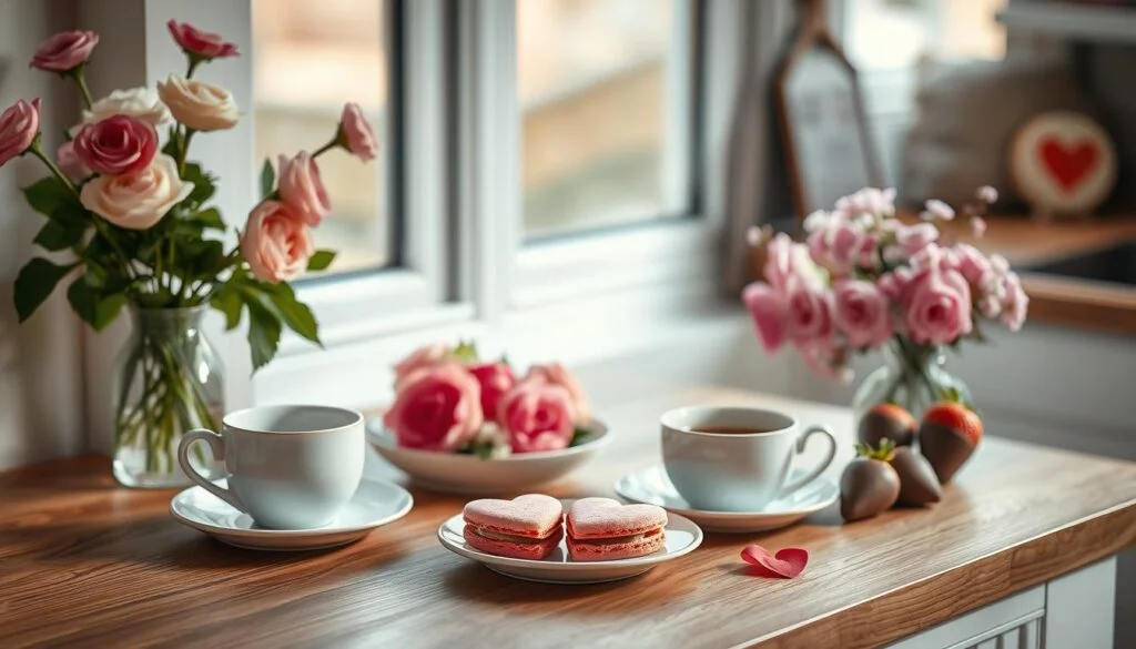 A romantic Valentine's Day spread on a wooden kitchen counter, delicate floral arrangements, and an assortment of homemade treats in pastel hues. Carefully plated desserts, like heart-shaped macarons and chocolate-dipped strawberries, sit alongside a steaming cup of coffee and artfully arranged flowers in a minimal, light-filled space. The scene exudes a cozy, intimate atmosphere, perfect for celebrating a special occasion at home.