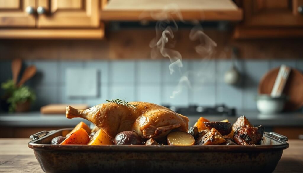 A rustic European sheet pan dinner set against a cozy kitchen backdrop. In the foreground, juicy roasted chicken, braised potatoes, and caramelized root vegetables sit atop a battered metal tray. Wisps of steam rise from the pan, carrying the scent of thyme, garlic, and rosemary. The middle ground features wooden cabinetry with light blue accents, complementing the muted, earthy tones. Overhead, a soft, diffused light illuminates the scene, casting a warm, homey glow. The overall atmosphere evokes a sense of comfort and simple, soulful cooking.