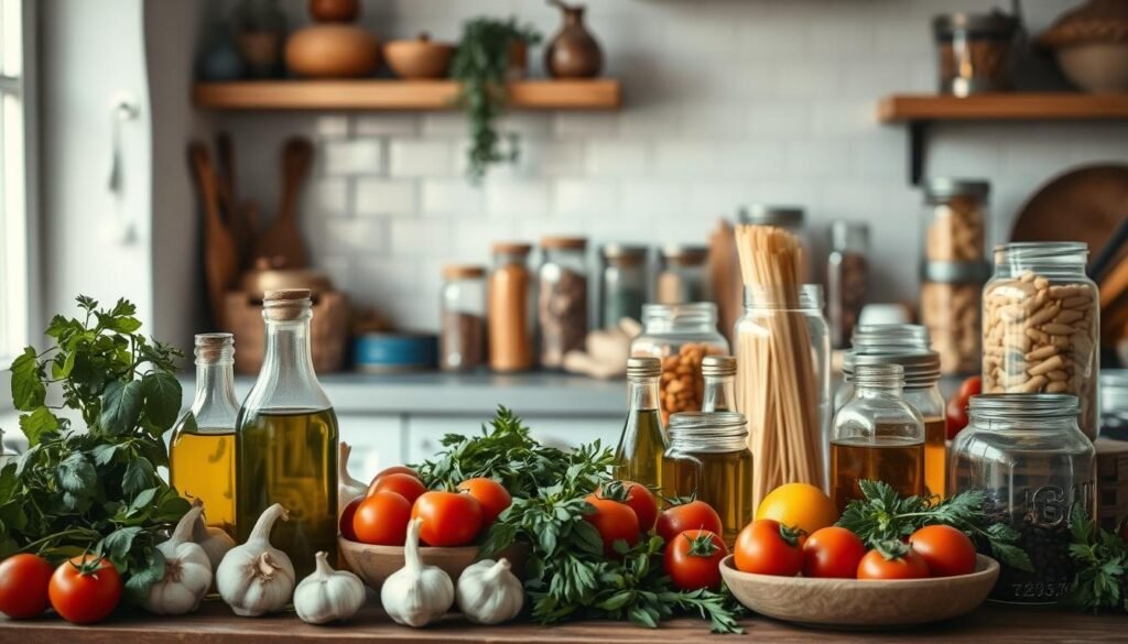 A rustic Italian kitchen filled with an assortment of cooking essentials. In the foreground, a variety of fresh herbs, garlic, tomatoes, and olive oil in glass bottles and ceramic bowls. In the middle ground, various sized glass jars and mason jars containing dried pasta, spices, and other pantry staples. The background features a clean white backsplash, wooden shelves, and minimal décor, creating a warm, inviting atmosphere. The lighting is soft and diffused, emphasizing the natural textures and colors of the ingredients. The overall composition conveys the simplicity and authenticity of Italian meal prep.