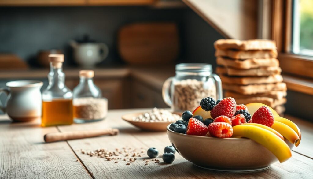 A rustic and inviting kitchen scene, warm morning light streams through a window, illuminating a wooden table topped with a variety of natural sweeteners - honey, maple syrup, agave nectar, and ground cinnamon. In the foreground, a bowl of fresh berries, sliced apples, and a sprinkling of chia seeds create a visually appealing and healthy breakfast display. The middle ground features a glass jar filled with rolled oats, a stack of wholegrain toasts, and a simple ceramic mug. The background is softly blurred, suggesting a minimalist and calming atmosphere. Soft, natural shadows add depth and dimension to the composition. The overall mood is one of simplicity, wellness, and mindful nourishment.