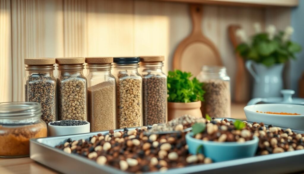 A rustic arrangement of earthy spice jars, aromatic herbs, and whole peppercorns set against a backdrop of natural wooden surfaces and light blue accents. The warm glow of a soft overhead light casts gentle shadows, creating a cozy, inviting atmosphere in this minimal kitchen scene. The various seasonings are meticulously organized, hinting at the flavorful blends waiting to be combined and sprinkled over a sheet pan full of fresh ingredients.