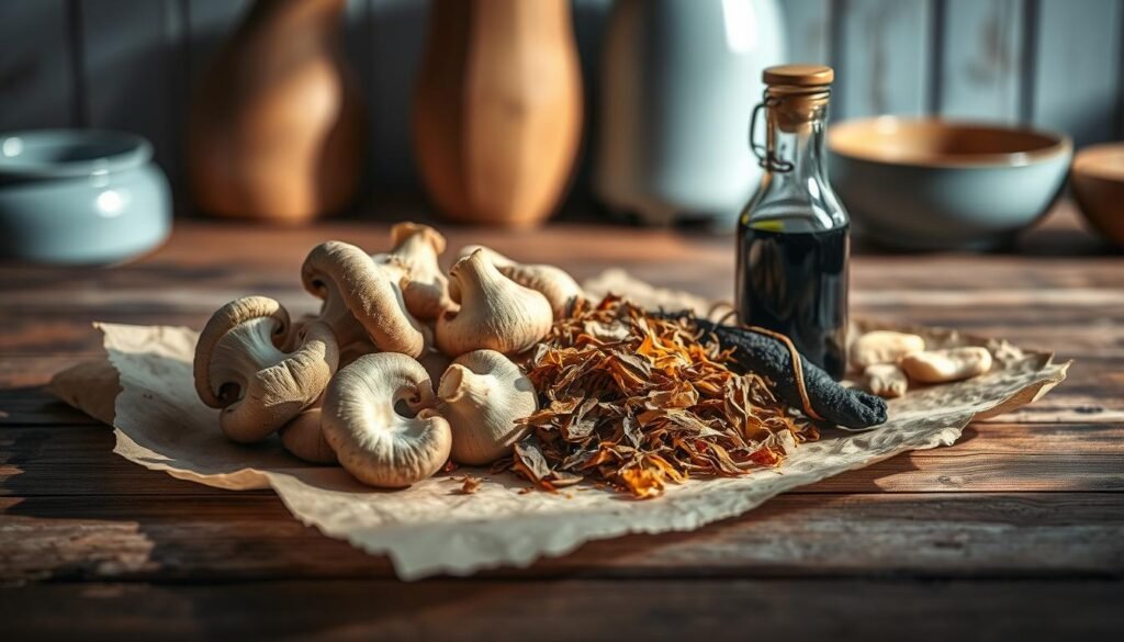 A rustic arrangement of natural umami ingredients - fresh shiitake mushrooms, dried kombu seaweed, and aged soy sauce - artfully displayed on parchment paper. The ingredients are illuminated by warm, diffused lighting, casting soft shadows and highlighting their earthy tones. The minimal, wooden kitchen setting with light blue accents creates a cozy, inviting atmosphere, allowing the umami flavors to take center stage.