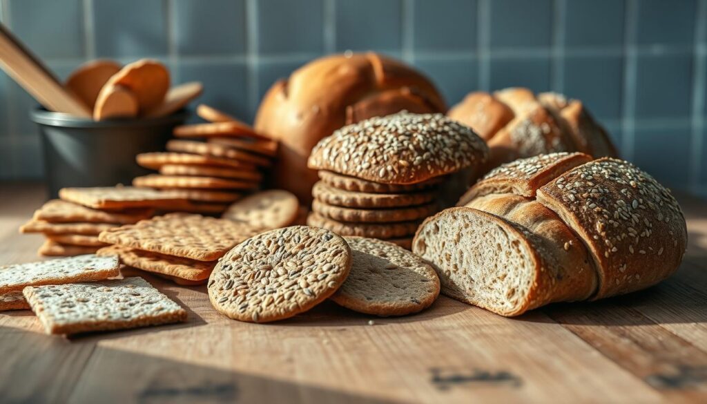 A rustic array of whole grain bread alternatives, artfully arranged on a wooden kitchen counter. Crisp seeded crackers, nutty rye slices, and hearty multigrain buns bask in soft, natural light. A minimalist, blue-accented backdrop complements the earthy tones, creating a tranquil, nourishing atmosphere. The composition emphasizes the variety and texture of these healthful carbohydrate choices, inviting the viewer to explore their nutritional benefits. Captured with a wide-angle lens to showcase the full spread, this image embodies the essence of a balanced, low-sugar breakfast.