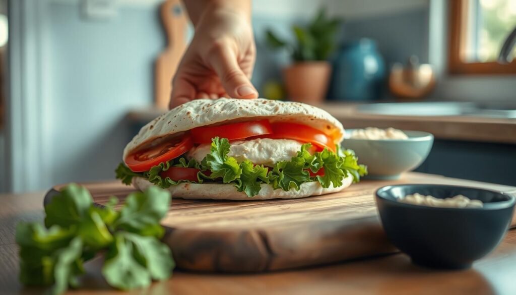A rustic, artisanal pita sandwich being assembled on a wooden cutting board in a cozy, natural-lit kitchen. Freshly toasted pita pockets nestled alongside crisp lettuce leaves, juicy tomato slices, and creamy hummus. Vibrant colors, soft shadows, and a sense of craftsmanship elevate this simple, yet nourishing lunchtime staple. The minimal, blue-accented decor provides a calming, inviting backdrop, emphasizing the wholesome, homemade quality of the scene.
