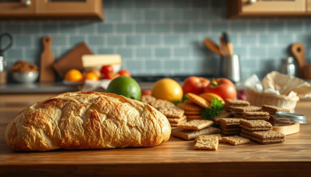 A rustic, gluten-free spread on a wooden kitchen counter. In the foreground, freshly baked gluten-free bread, its golden crust glistening under soft, natural lighting. Beside it, an assortment of gluten-free snacks - crackers, cookies, and granola bars, arranged in a visually appealing manner. The middle ground features a selection of vibrant, colorful fruits and vegetables, complementing the gluten-free offerings. In the background, a light blue-tiled backsplash and a few simple, minimalist kitchen accessories create a cozy, inviting atmosphere. The overall scene conveys a sense of warmth, health, and the satisfying possibilities of a gluten-free lifestyle.