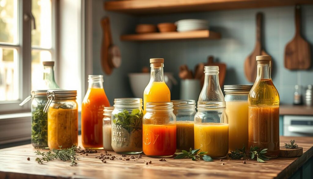 A rustic kitchen counter displays an assortment of freshly prepared dressings and marinades. The scene is bathed in warm, natural light filtering through a nearby window, casting a soft glow on the various jars and bottles filled with zesty, vibrant liquids. Herbs and spices are scattered around, their aromatic essence permeating the air. The minimalist decor, with its light blue accents, creates a calming, inviting atmosphere, perfect for experimenting with flavorful additions to cold lunch dishes.