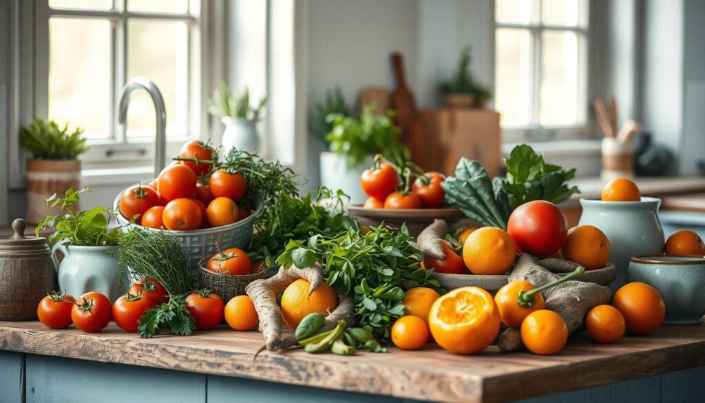 A rustic kitchen counter is adorned with a variety of seasonal ingredients: plump tomatoes, vibrant herbs, earthy root vegetables, and juicy citrus fruits. Soft, natural lighting filters through the windows, casting a warm glow over the carefully arranged scene. The textures of wood, ceramic, and stone create a soothing, minimal aesthetic, complemented by light blue accents. This bountiful display of nature's seasonal bounty sets the stage for nourishing, flavorful family meals.