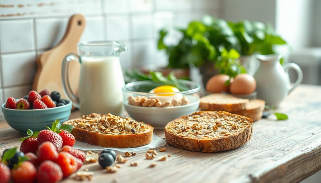 A rustic kitchen counter overflows with a vibrant array of whole food breakfast ingredients. In the foreground, sun-ripened berries, crunchy granola, and a slice of whole grain toast await. In the middle, a pitcher of creamy almond milk and a bowl of freshly cracked eggs rest on the weathered wooden surface. In the background, leafy greens and fragrant herbs add pops of verdant color. The scene is bathed in soft, natural light, creating a warm, nurturing atmosphere that invites one to savor the simple pleasures of a nourishing morning meal.