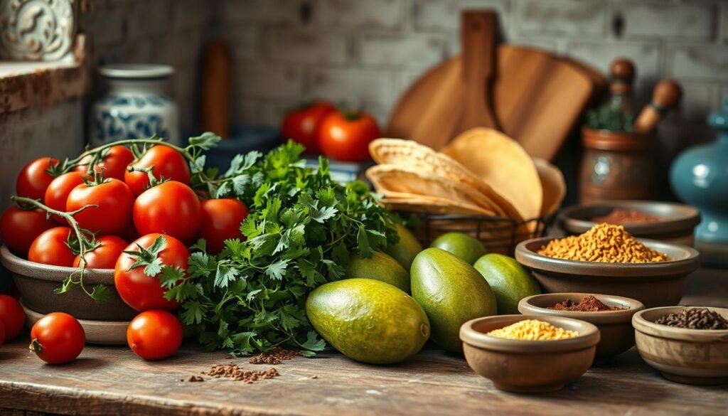 A rustic kitchen counter showcases a bountiful display of Mexican pantry staples: vibrant red tomatoes, fragrant cilantro, vibrant green avocados, golden-hued corn tortillas, and a array of aromatic spices in earthenware bowls. The soft, natural lighting casts a warm glow, highlighting the textures and colors of these essential ingredients. In the background, delicate blue accents, like a ceramic dish or a small plant, add a touch of elegance to the scene. The overall mood is one of simplicity, authenticity, and the comforting essence of Mexican cuisine.