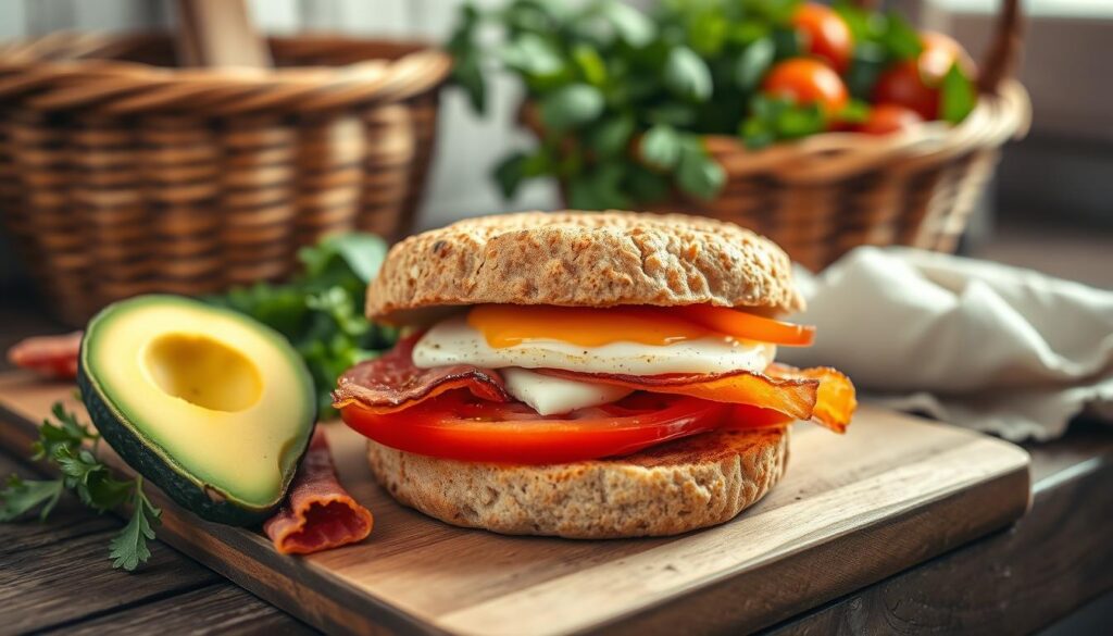 A rustic kitchen counter showcases an array of fresh, whole-food ingredients for a healthy breakfast sandwich upgrade. Crisp bacon, vibrant tomato slices, creamy avocado, and a perfectly cooked egg nestled between a toasted whole-grain English muffin. Soft natural lighting illuminates the scene, emphasizing the inviting textures and appetizing colors. In the background, a woven basket holds fresh herbs, adding a touch of greenery to the composition. The overall mood is one of nourishment and wellness, inspiring the viewer to make nutritious choices for their morning meal.