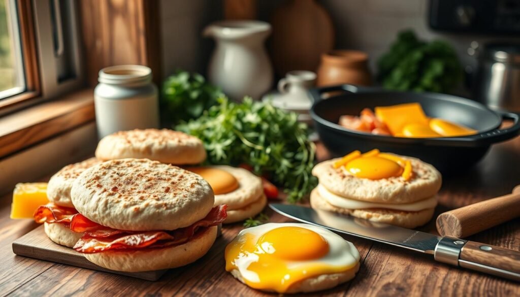 A rustic kitchen counter showcases an assortment of fresh breakfast sandwich ingredients, including fluffy English muffins, crisp bacon, perfectly cooked eggs, gooey cheddar cheese, and fragrant herbs. Surrounding the produce are essential tools like a sturdy cast-iron skillet, a shiny spatula, and a sharp knife for effortless preparation. Warm, natural lighting from a nearby window casts a soft glow over the scene, highlighting the textures and colors of the components. The overall atmosphere is one of simplicity and culinary delight, inviting the viewer to imagine the satisfying flavors of a homemade gourmet breakfast sandwich.