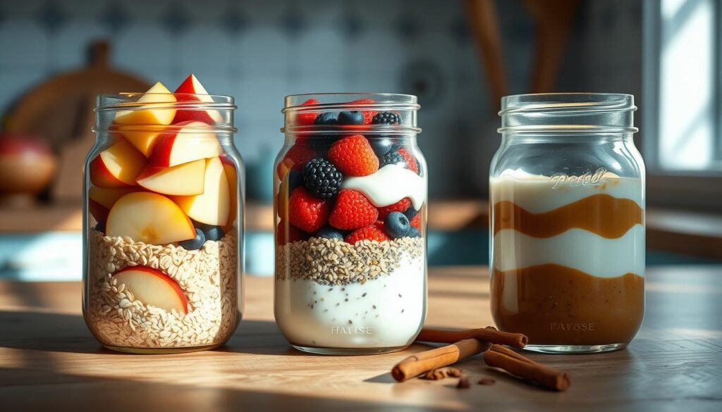 A rustic kitchen counter, wooden textures and light blue accents, showcases a trio of mason jars. Each jar features a different seasonal ingredient - crisp apples in the fall, fresh berries in the summer, and warm spices in the winter. The jars are filled with wholesome oats, chia seeds, and creamy yogurt, creating a visually appealing and nutritious breakfast. Soft, natural lighting illuminates the scene, casting gentle shadows and highlighting the vibrant colors of the ingredients. The overall atmosphere is cozy, minimal, and inviting, perfectly capturing the essence of "Seasonal Flavor Twists for Your Mason Jar Breakfasts".