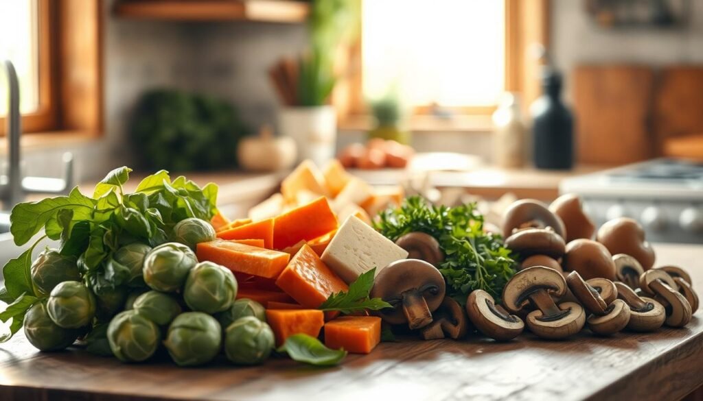 A rustic kitchen countertop, bathed in warm, natural light, showcases an array of versatile sheet pan ingredients. In the foreground, an assortment of vibrant vegetables - crisp brussels sprouts, tender sweet potatoes, and earthy mushrooms - are neatly arranged, their textures and colors complementing each other. In the middle ground, a selection of plant-based protein sources, such as tofu and tempeh, stand ready to be incorporated into the sheet pan dish. The background features a few additional accents, like fresh herbs and a drizzle of olive oil, hinting at the flavorful possibilities. The overall scene exudes a sense of culinary potential, inviting the viewer to imagine the delicious and nourishing meals that can be created with these simple, yet versatile, sheet pan ingredients.