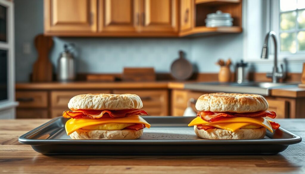 A rustic kitchen countertop, illuminated by soft, natural lighting, showcases a tray of freshly assembled breakfast sandwiches. The sandwiches feature fluffy, golden-brown English muffins, layered with savory egg patties, crisp Canadian bacon, and melted cheddar cheese. Surrounding the tray, the kitchen is adorned with wooden cabinetry, a light blue tile backsplash, and a minimalist aesthetic, creating a cozy, inviting atmosphere. The camera angle is slightly elevated, capturing the delectable details of the meal prep in an appetizing, mouth-watering display.