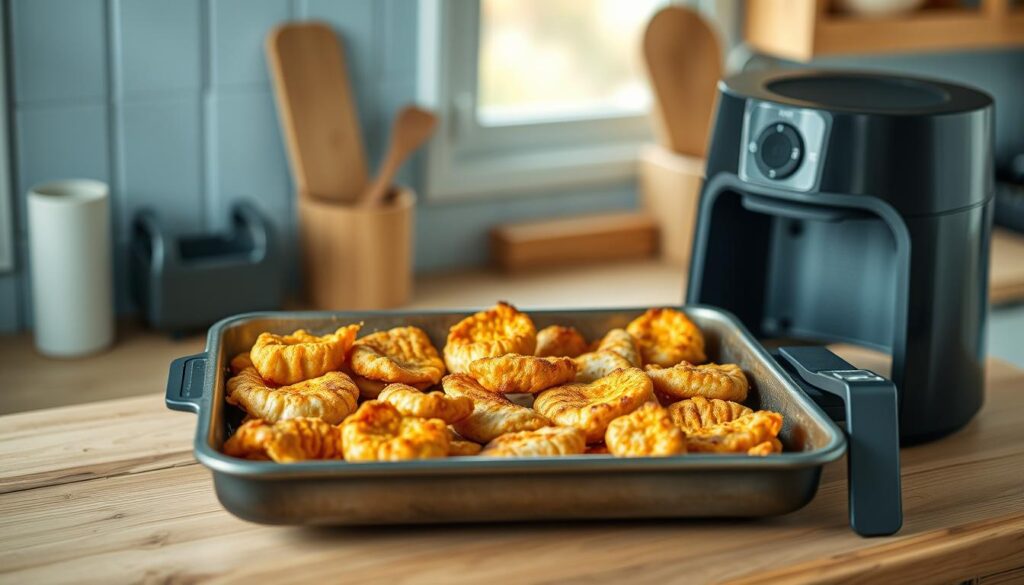 A rustic kitchen countertop showcases a sheet pan of crispy, golden-brown leftovers, freshly reheated in a sleek air fryer. The cozy, minimalist space is accented with soft blue hues, warm wooden textures, and gentle natural lighting. The arrangement highlights the crisp, appetizing exterior of the reheated meal, while preserving the moist, flavorful interior. The scene evokes a sense of effortless culinary satisfaction, inspiring the viewer to recreate this simple yet effective technique for reviving their own sheet pan dinner leftovers.