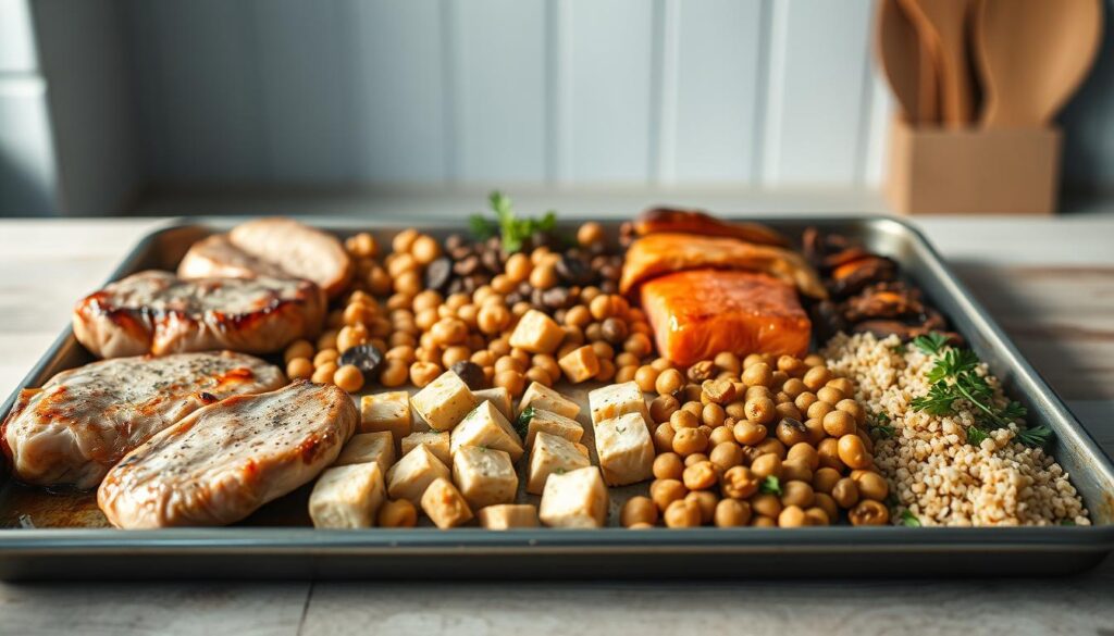 A rustic kitchen scene showcases an array of versatile protein options arranged on a sturdy sheet pan. In the foreground, an assortment of succulent pork chops, juicy salmon fillets, and tender tofu cubes reflect the warm, natural lighting. In the middle ground, an array of hearty chickpeas, lentils, and quinoa add textural contrast. The background features a minimalist, light blue-accented wall, highlighting the clean, contemporary feel. The image conveys the versatility and depth of protein choices for a nourishing sheet pan dinner, inviting the viewer to explore new culinary possibilities.