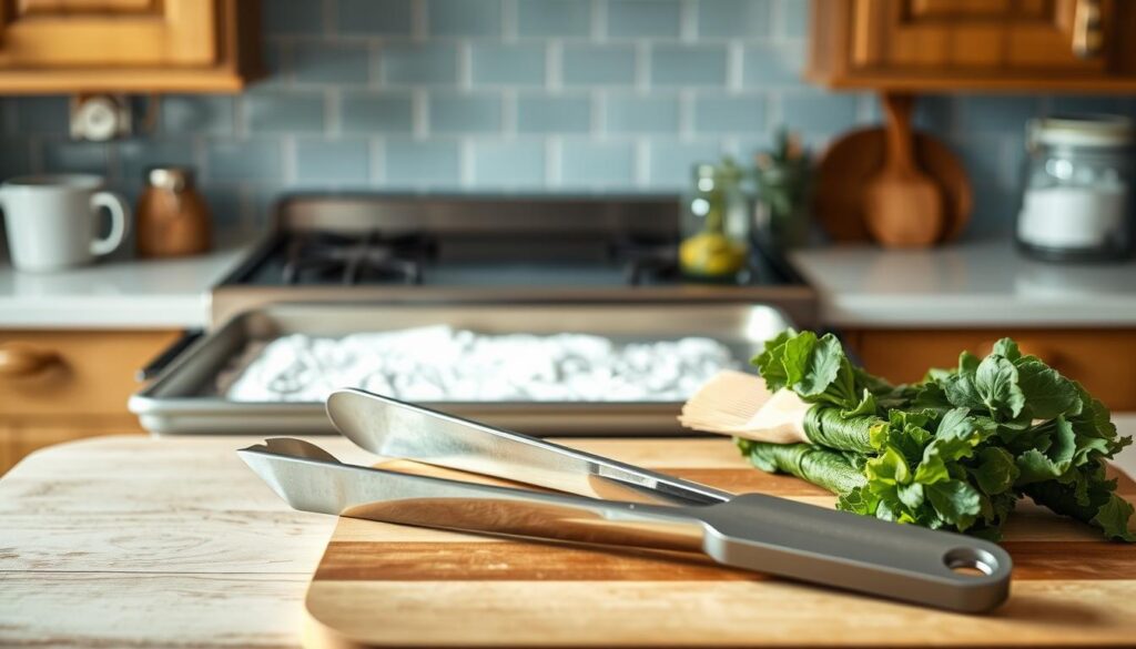 A rustic kitchen scene showcases an assortment of tools for roasting vegetables on a sheet pan. In the foreground, a pair of sturdy tongs, a stainless steel spatula, and a silicone basting brush sit atop a wooden cutting board. In the middle ground, a baking sheet with a light dusting of flour and a jar of aromatic herbs. Behind them, a clean, minimalist backsplash in light blue accents the warm wooden cabinetry. Soft, natural lighting bathes the scene, creating a cozy, inviting atmosphere. The overall composition emphasizes the simplicity and functionality of the tools needed to prepare a nourishing sheet pan meal.
