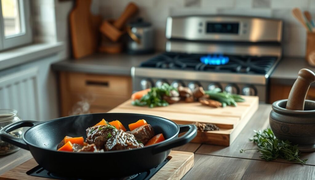 A rustic kitchen scene showcasing traditional paleo cooking techniques. In the foreground, a cast-iron skillet sizzles with grass-fed meat and seasonal vegetables, their vibrant colors contrasting against the muted tones of the kitchen. In the middle ground, a wooden cutting board displays freshly harvested herbs and spices, while a mortar and pestle stands ready to grind them. The background features a sleek, minimalist gas stove, its blue pilot light casting a warm glow throughout the space. Soft, natural lighting filters in through a nearby window, illuminating the scene with a cozy, inviting atmosphere.
