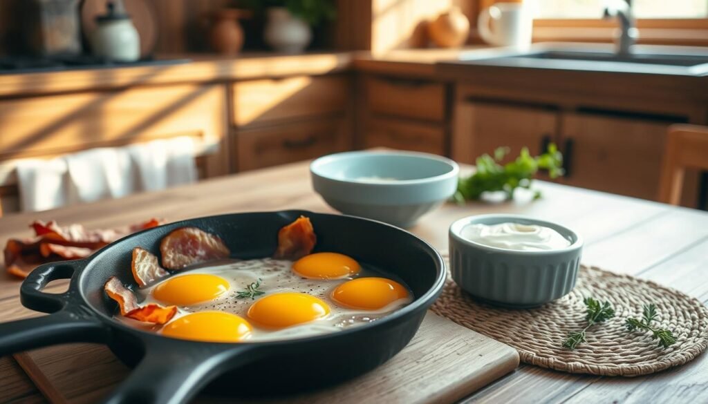 A rustic kitchen scene with warm, natural lighting cascades over a simple, wooden table. In the foreground, a cast-iron skillet sizzles with freshly cracked eggs, their golden yolks just beginning to set. Surrounding the skillet, an array of breakfast ingredients - crisp, golden-brown bacon slices, a scattering of fresh herbs, and a small ramekin of creamy, tangy yogurt. The middle ground features a clean, minimal aesthetic, with a light blue ceramic serving dish and a woven, neutral-toned placemat. In the background, the kitchen's wooden cabinetry and accents add depth and warmth to the scene, creating a cozy, inviting atmosphere.