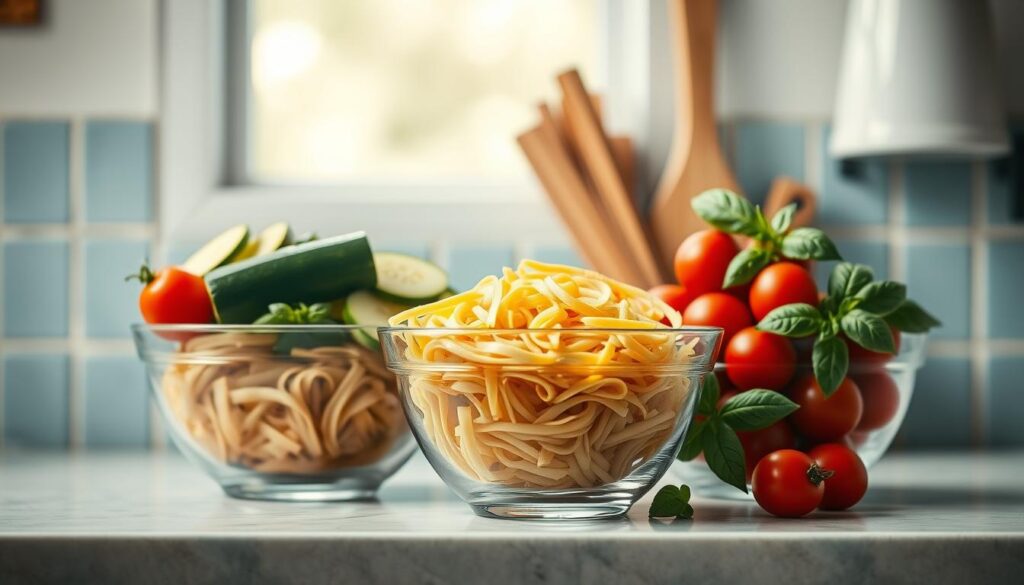 A rustic kitchen with pale blue tiles and warm wooden accents sets the stage for a sumptuous Italian meal prep display. On the countertop, three glass meal prep bowls brim with vibrant ingredients: al dente pasta, freshly sliced zucchini, colorful cherry tomatoes, and fragrant basil leaves. The lighting is soft and diffused, casting a gentle glow over the scene. The composition is balanced, with the bowls positioned at varied angles to create visual interest. The overall mood is one of simplicity, freshness, and the comforting flavors of Italian cuisine, inviting the viewer to imagine enjoying this nourishing, homemade meal.
