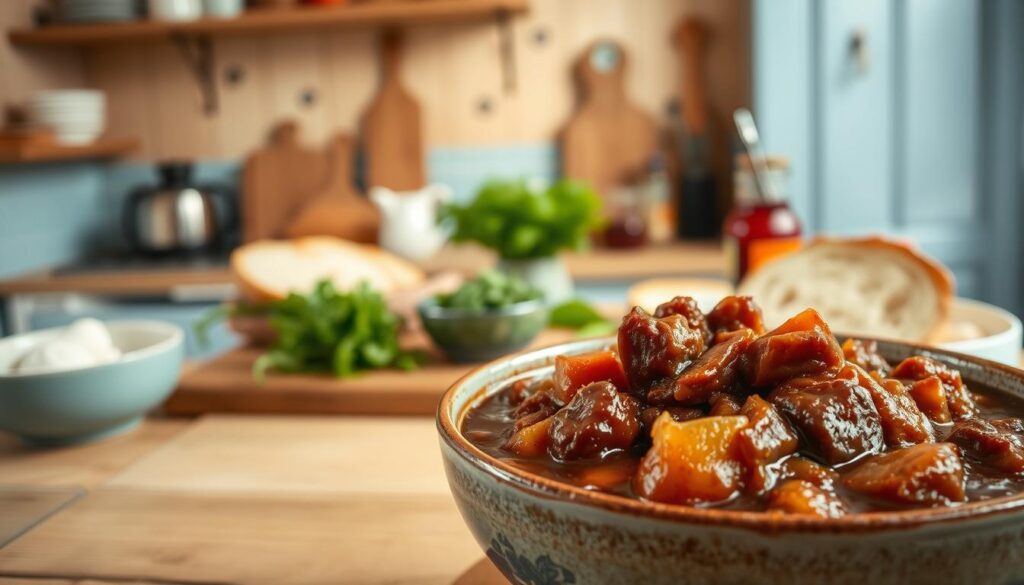 A rustic kitchen with warm wooden tones and light blue accents sets the stage for a mouthwatering display of beef stew variations. In the foreground, a hearty bowl of rich, slow-simmered stew takes center stage, its tender chunks of beef and aromatic vegetables glistening under soft, natural lighting. In the middle ground, an array of garnishes and accompaniments invites culinary exploration - crusty bread, fragrant herbs, and a selection of flavorful condiments. The background subtly fades into a minimalist, serene atmosphere, allowing the stew to shine as the star of the scene.