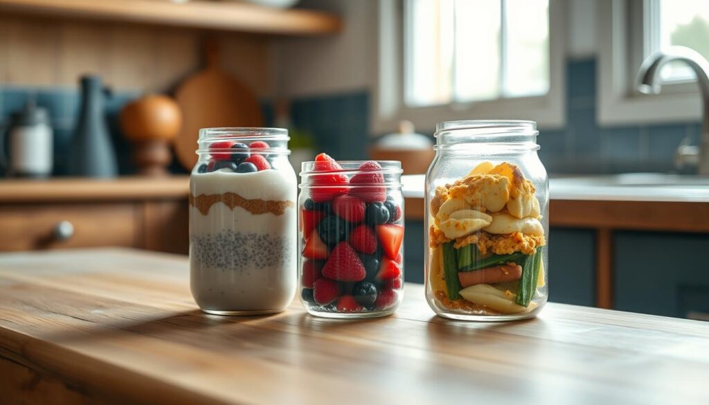 A rustic, light-filled kitchen with warm wooden textures and soft blue accents. Atop a wooden table, three mason jars filled with delectable low-sugar breakfast creations - a creamy chia pudding, a colorful berry compote, and a savory egg-and-veggie scramble. Sunlight filters through the nearby window, casting a gentle glow over the scene. The jars are positioned purposefully, their contents tempting and visually appealing. No hands or human elements are present, allowing the natural beauty of the food and setting to take center stage.