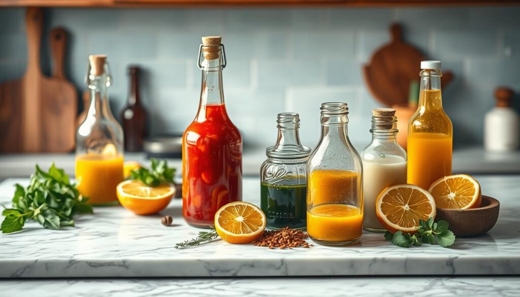 A rustic marble countertop sets the stage, showcasing an array of homemade dressings and marinades in glass jars and bottles. Herbs, spices, and citrus slices add vibrant pops of color, creating a visually captivating still life. Warm, diffused lighting highlights the natural textures and artisanal quality of the scene, conveying a sense of culinary craftsmanship. Wooden accents and a light blue backsplash provide a cozy, minimal aesthetic, allowing the flavorful condiments to be the true stars of the composition.