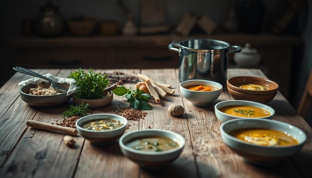 A rustic, minimalist kitchen scene with soft, natural lighting illuminating a wooden table. On the table, a collection of ingredients and tools associated with soup-making - a simmering pot, a ladle, various herbs and spices, and bowls showcasing different soup textures and consistencies. The scene conveys a sense of simplicity, comfort and experimentation, inviting the viewer to explore the art of crafting the perfect soup.