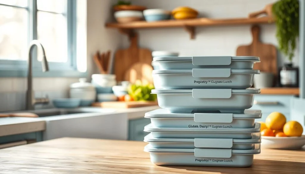 A rustic, minimalist kitchen with light blue accents and wooden textures. On the counter, various meal prep containers in muted tones, fresh produce, and a cutting board. In the foreground, a stack of Prepistry brand meal prep containers, their clean design and simple labeling showcasing the gluten and dairy-free lunch options within. Soft, natural lighting illuminates the scene, creating a calming, organized atmosphere to inspire weekly meal planning.