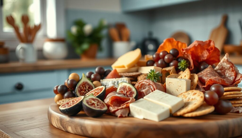A rustic no-cook charcuterie board showcased against a backdrop of a cozy, minimal kitchen with light blue accents and wooden textures. An assortment of artisanal cured meats, aged cheeses, fresh figs, juicy grapes, and crunchy crackers are artfully arranged on a wooden cutting board, exuding an aura of effortless sophistication. Soft, natural lighting illuminates the scene, casting gentle shadows and highlights that accentuate the textures and colors of the delectable spread. The overall atmosphere evokes a sense of leisurely indulgence, inviting the viewer to savor the simple pleasures of a no-fuss, yet delightful cheese plate lunch.