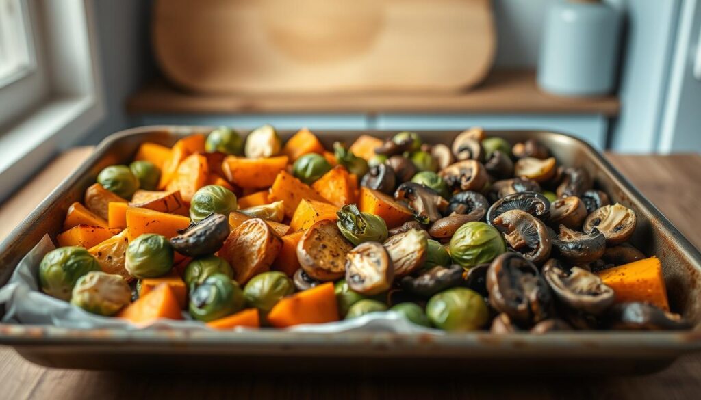 A rustic sheet pan filled with an array of vibrant, plant-based ingredients - roasted Brussels sprouts, sweet potato wedges, and earthy mushrooms. Soft lighting illuminates the scene, casting warm, golden hues across the kitchen's wooden textures and light blue accents. The composition emphasizes the simplicity and wholesome nature of this plant-based sheet pan dinner, reflecting the rising trend of such meals in the realm of plant-based cooking.