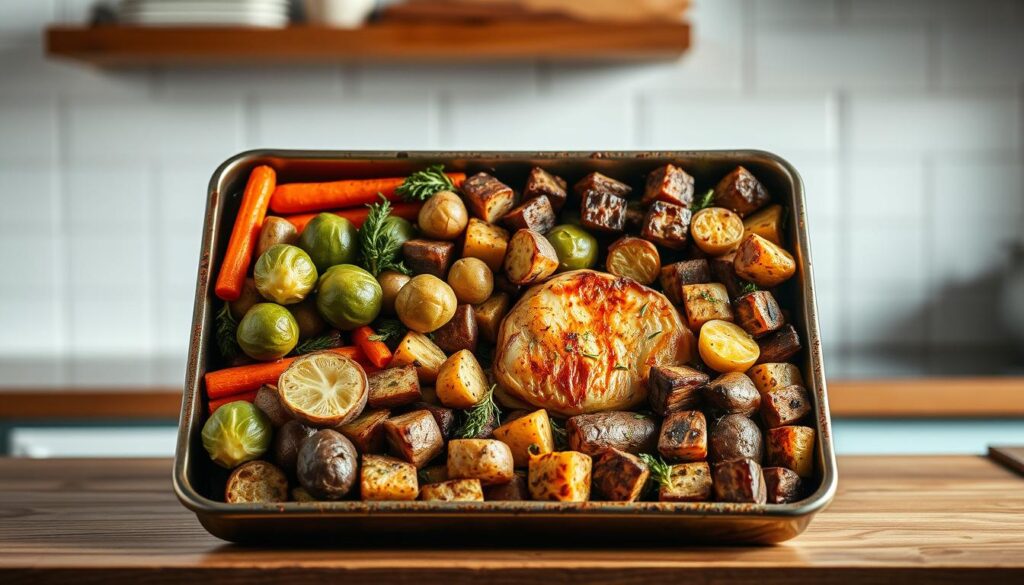 A rustic sheet pan meal, filled with oven-roasted vegetables and tender protein, sits atop a wooden kitchen counter. The arrangement showcases an array of seasonal produce - vibrant carrots, crisp Brussels sprouts, and earthy potatoes - seasoned with a medley of aromatic herbs and spices. Warm, golden-brown hues emanate from the sheet pan, creating an inviting and homey atmosphere. The minimal, light blue-accented kitchen lends a calming backdrop, highlighting the simplicity and convenience of this weeknight cooking hack.