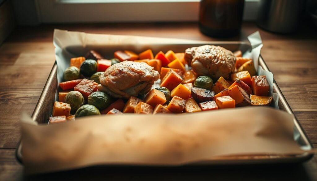 A rustic sheet pan rests on a wooden kitchen counter, filled with golden-brown oven-roasted chicken thighs and an array of seasonal vegetables - vibrant carrots, tender Brussels sprouts, and hearty cubes of sweet potato. Soft, ambient lighting from a nearby window casts a warm glow, accentuating the caramelized edges and bringing out the natural colors. The scene exudes a sense of homemade comfort and simplicity, inviting the viewer to imagine the enticing aromas and satisfying flavors of this sheet-pan dinner.