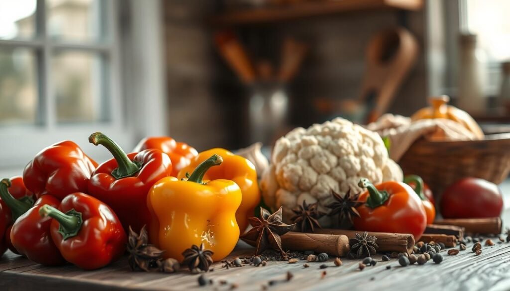 A rustic still life captured in a cozy kitchen, featuring an arrangement of vibrant peppers, a head of crisp cauliflower, and an assortment of fragrant spices. The peppers, in shades of red, orange, and yellow, are arranged in the foreground, their glossy skins catching the soft, natural light filtering in through a nearby window. The cauliflower sits in the middle ground, its intricate florets complemented by the warm, earthy tones of the wooden surface. Surrounding the produce, an array of spices, including whole cinnamon sticks, star anise, and peppercorns, add depth and character to the scene. The overall mood is one of rustic simplicity, inviting the viewer to imagine the flavorful possibilities of a sheet pan dinner.