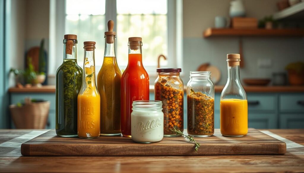 A rustic still life capturing an array of homemade dressings and sauces. In the foreground, glass bottles and jars filled with vibrant vinaigrettes, creamy aioli, and zesty chimichurri stand atop a wooden butcher block. Muted light streams in through a window, casting a warm glow on the scene. In the background, a minimalist kitchen with light blue cabinetry and natural textures provides a soothing backdrop. The overall mood is one of simplicity, nourishment, and culinary creativity.