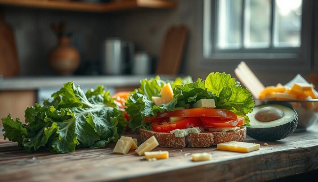 A rustic still life of fresh sandwich ingredients meticulously arranged on a wooden table in a cozy minimal kitchen. Crisp lettuce leaves, juicy tomato slices, creamy avocado chunks, and thick-cut cheddar cheese slices are beautifully lit by soft natural light filtering through a nearby window, casting gentle shadows and highlighting the vibrant colors and textures. The scene conveys a sense of culinary abundance and wholesome simplicity, inviting the viewer to envision the delicious, protein-packed sandwich that could be crafted from these high-quality, flavorful components.