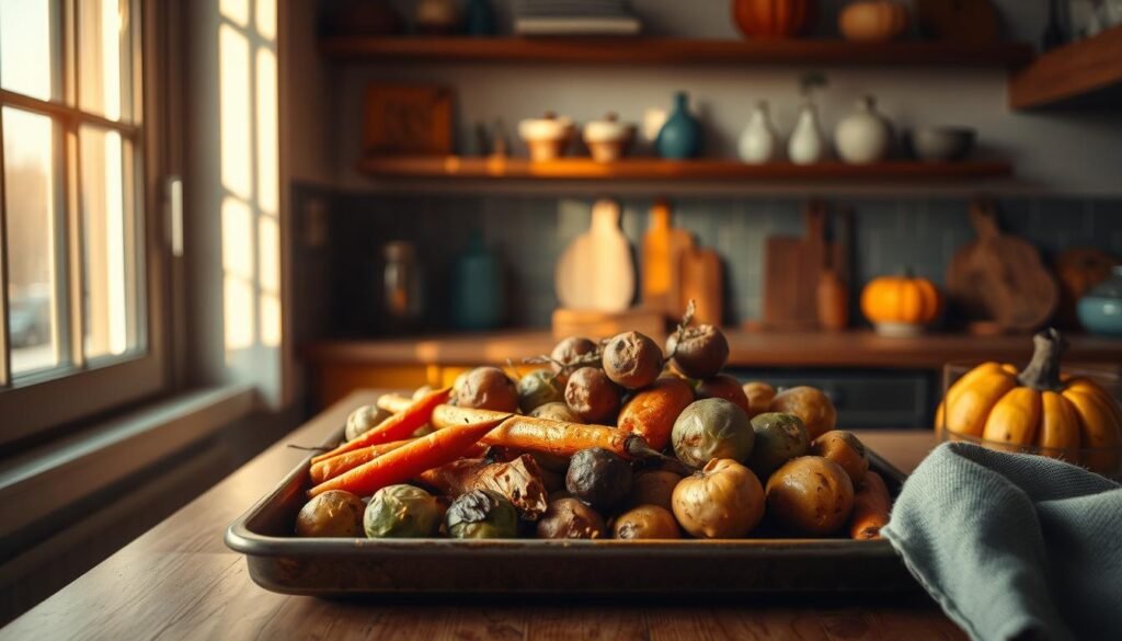 A rustic still life scene of seasonal vegetables roasting on a baking sheet in a cozy, minimal kitchen. Warm earthy tones of carrots, potatoes, Brussels sprouts, and butternut squash caramelizing under a golden glow from a nearby window. Soft blue accents in the kitchen decor, wooden textures on the countertops and shelves. Dramatic shadows and highlights accentuate the natural forms and textures of the vegetables. The arrangement is balanced and visually appealing, inviting the viewer to imagine the delicious aromas and flavors.