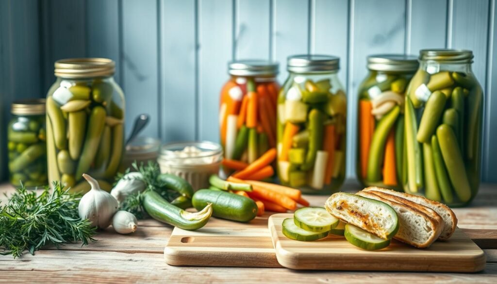 A rustic, well-lit kitchen with light blue accents features an array of dill pickles in jars, accompanied by fresh dill, garlic, and other pickling ingredients. In the foreground, a cutting board showcases creative dill pickle recipes, such as dill pickle potato salad, dill pickle hummus, and dill pickle grilled cheese sandwiches. The middle ground presents a variety of pickled vegetables, including carrots, onions, and peppers, hinting at the tangy contrast they might provide in cold lunch dishes. The background subtly suggests a cozy, minimalist atmosphere, with wooden textures and clean lines, inviting the viewer to explore these unique and flavorful dill pickle-based culinary delights.