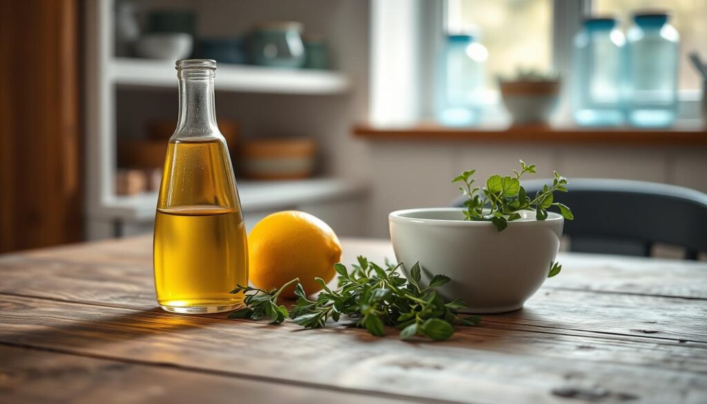 A rustic wood table is set with an array of fresh ingredients - a glass bottle of olive oil, a juicy lemon, a bundle of fragrant herbs, and a small white bowl. The natural light filters in through a window, casting a warm glow on the scene. In the background, minimal kitchen shelves with blue-tinted glass jars add a touch of simple elegance. This homespun setup evokes the comforting process of crafting a nourishing, homemade salad dressing from scratch.