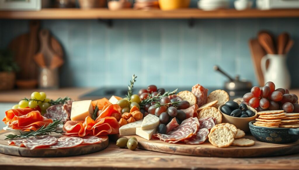 A rustic, wooden kitchen counter filled with an artfully arranged display of premium charcuterie ingredients. In the foreground, a selection of cured meats, sliced salami, and prosciutto, alongside gourmet cheeses, olives, grapes, and crackers. In the middle ground, a wooden board accented with sprigs of fresh rosemary and thyme, creating a natural, earthy atmosphere. The background features a light blue-tinted wall, adding a soft, calming contrast to the overall scene. The lighting is gentle, lending a cozy, inviting ambiance to the composition. The camera angle is slightly elevated, capturing the balanced, visually appealing presentation of these essential elements of a gourmet charcuterie box.