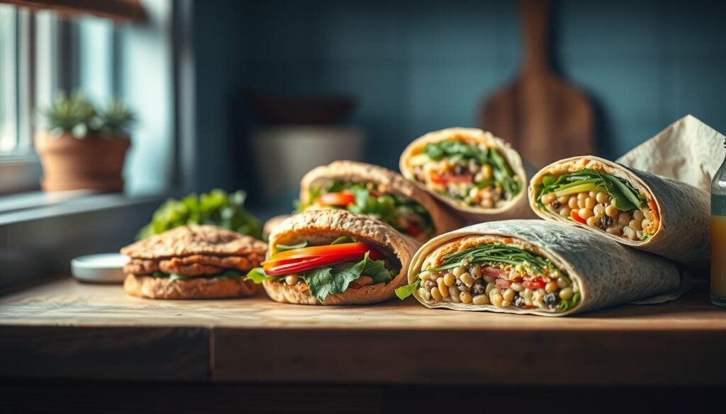 A rustic, wooden kitchen counter showcases an array of fresh, hearty sandwiches and wraps. Crusty breads, vibrant veggies, and creamy legume-based fillings are artfully arranged, exuding an inviting, homemade atmosphere. Soft, diffused lighting from a nearby window highlights the textures and colors, creating a sense of warmth and simplicity. Subtle blue hues in the background complement the natural tones, evoking a calming, minimal aesthetic. The scene conveys a sense of nutritious, on-the-go sustenance, perfectly suited for a plant-based, protein-rich lunch.