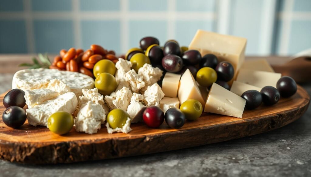 A rustic wooden platter displays an artful arrangement of savory cheeses and briny green olives. Creamy brie, crumbly feta, and pungent bleu cheeses are interspersed with plump Kalamata and Castelvetrano olives, their deep purple and bright green hues contrasting beautifully. The lighting is soft and natural, casting a warm glow over the scene. The minimal kitchen background features light blue accents that complement the Mediterranean-inspired flavors. This elegant yet simple composition captures the essence of a satisfying, heart-healthy cold lunch.