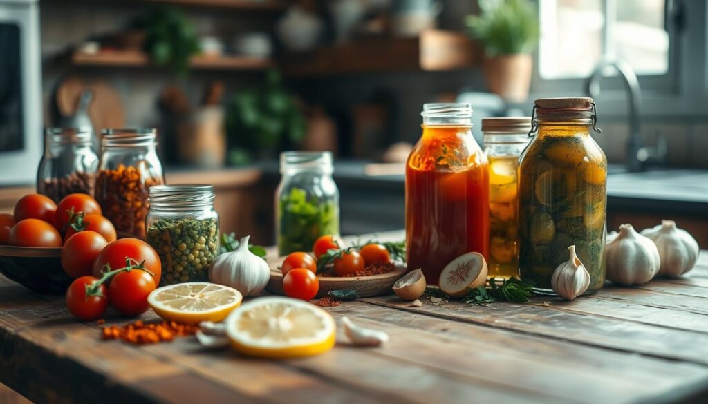 A rustic wooden table in a cozy kitchen, adorned with a variety of bold, flavorful marinades. Glass jars filled with vibrant spices, herbs, and aromatic oils sit alongside a selection of fresh, whole ingredients - juicy tomatoes, tangy lemon wedges, and fragrant garlic cloves. Soft, diffused lighting casts a warm glow, highlighting the rich textures and colors of the scene. The overall mood is one of simplicity, warmth, and the promise of delicious, flavor-packed meals to come.