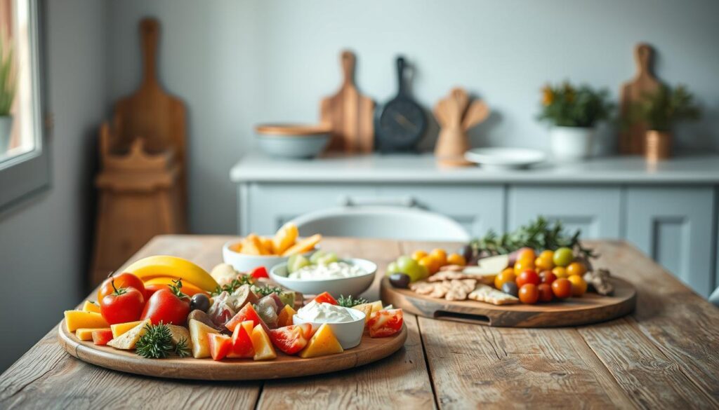 A rustic wooden table in a cozy, minimal kitchen filled with a variety of delectable no-cook lunch options. In the foreground, a platter showcases a selection of fresh seasonal fruits, crisp vegetables, and creamy spreads. The middle ground features a charcuterie board brimming with artisanal cured meats, cheeses, and vibrant olives, all tastefully arranged. In the background, the light blue-accented walls and subtle natural lighting create a calming, inviting atmosphere, perfect for a quick and effortless midday meal. The scene exudes simplicity, freshness, and a touch of elegance, capturing the essence of a "Quick and Easy No-Cook Recipes" spread.